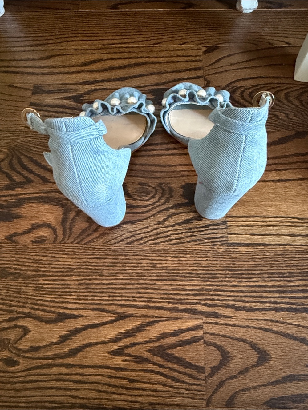 Marc Fisher Light Denim Ruffle Pearl Ankle-Strap Block Heels - Picture 3 of 6